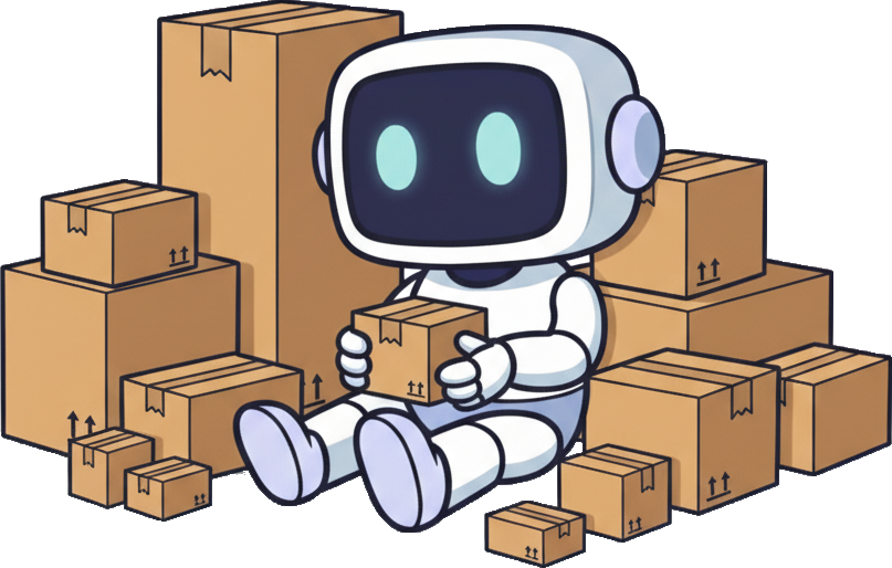 Robot LP Agency assis sur des cartons